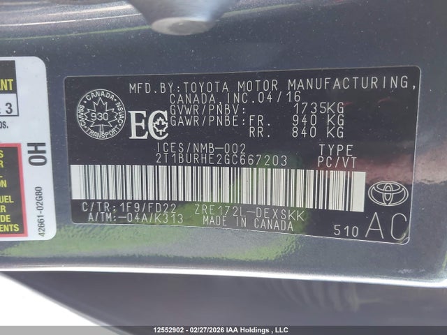 2T1BURHE2GC667203 Toyota Corolla