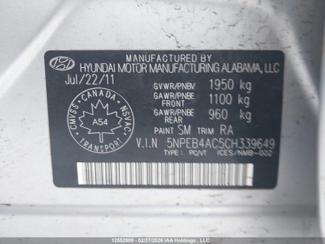 Продаж на аукціоні авто 2012 Hyundai Sonata, vin: 5NPEB4AC5CH339649, номер лоту: 12552909