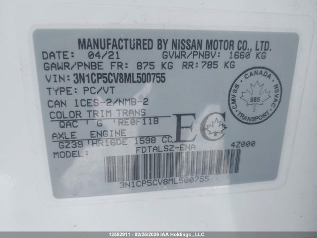 12552911 :رقم المزاد ، 3N1CP5CV8ML500755 vin ، 2021 Nissan Kicks Sv مزاد بيع