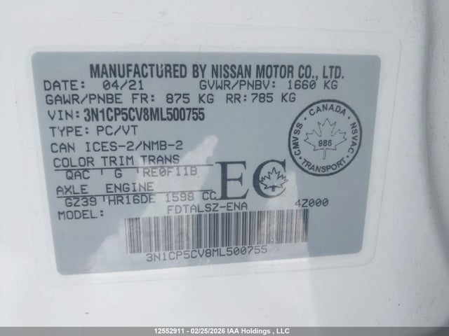 12552911 :رقم المزاد ، 3N1CP5CV8ML500755 vin ، 2021 Nissan Kicks Sv مزاد بيع