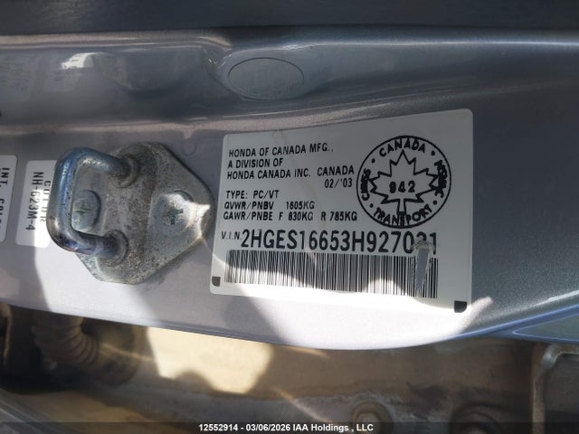 Aukcja sprzedaży 2003 Honda Civic Lx, vin: 2HGES16653H927031, numer aukcji: 12552914