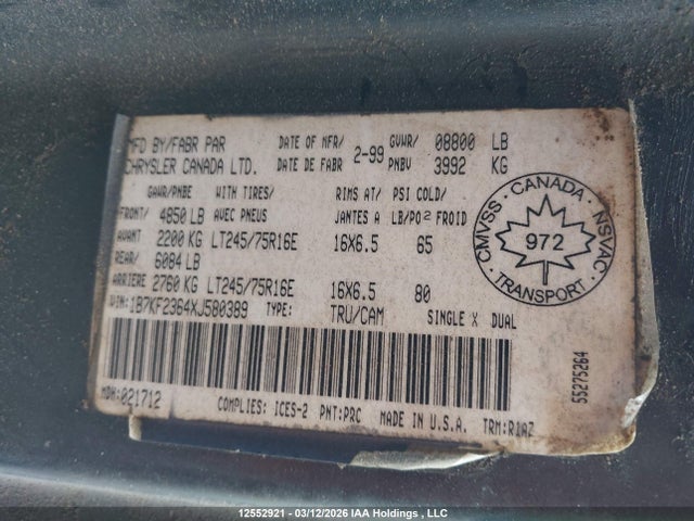Aukcja sprzedaży 1999 Dodge Ram 2500 St, vin: 1B7KF2364XJ580389, numer aukcji: 12552921