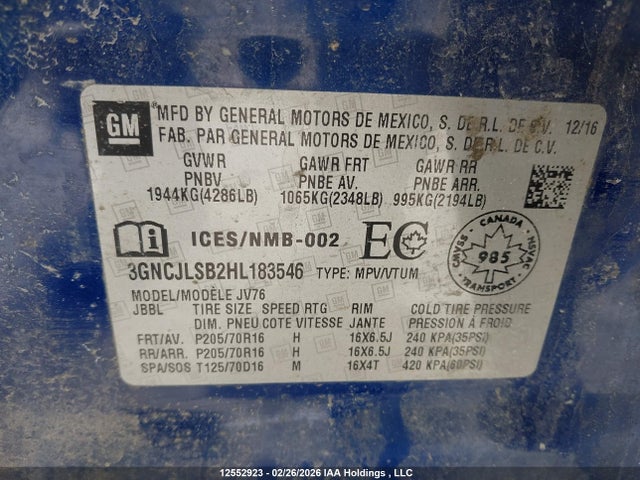 Продаж на аукціоні авто 2017 Chevrolet Trax 1lt, vin: 3GNCJLSB2HL183546, номер лоту: 12552923