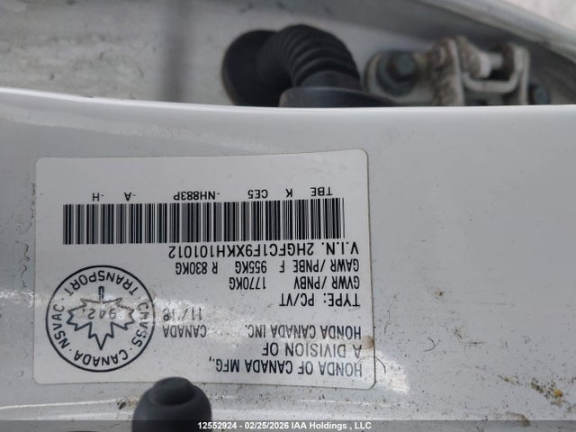 Продаж на аукціоні авто 2019 Honda Civic Touring, vin: 2HGFC1F9XKH101012, номер лоту: 12552924