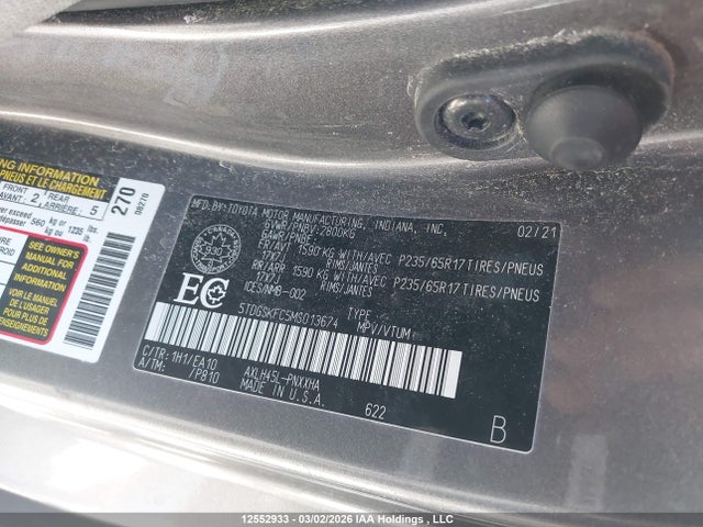 5TDGSKFC5MS013674 Toyota Sienna Xle 7-passenger