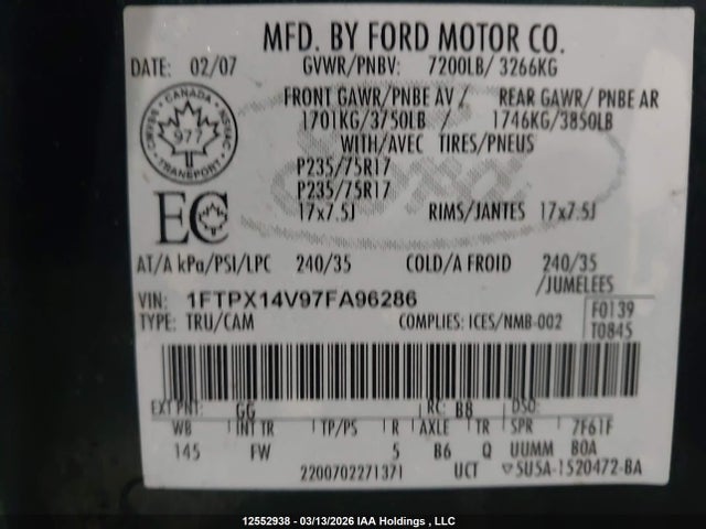Продажа на аукционе авто 2007 Ford F-150, vin: 1FTPX14V97FA96286, номер лота: 12552938