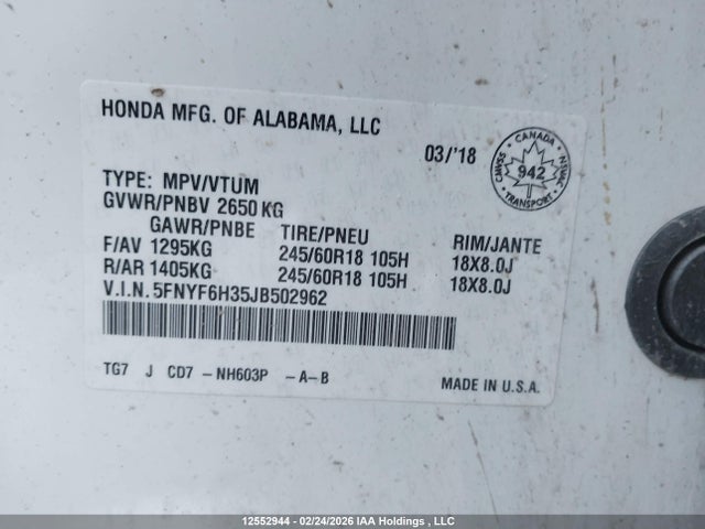 Продаж на аукціоні авто 2018 Honda Pilot Ex, vin: 5FNYF6H35JB502962, номер лоту: 12552944