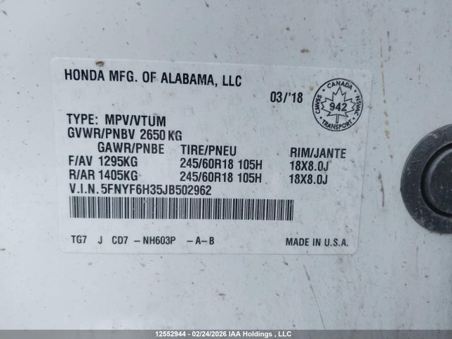 Продаж на аукціоні авто 2018 Honda Pilot Ex, vin: 5FNYF6H35JB502962, номер лоту: 12552944