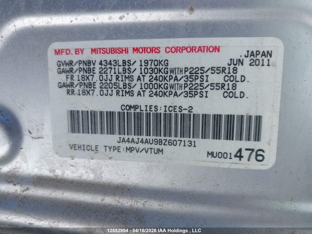 Aukcja sprzedaży 2011 Mitsubishi Rvr Gt, vin: JA4AJ4AU9BZ607131, numer aukcji: 12552954