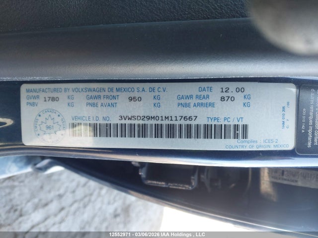 Aukcja sprzedaży 2001 Volkswagen Jetta Gls 1.8l, vin: 3VWSD29M01M117667, numer aukcji: 12552971