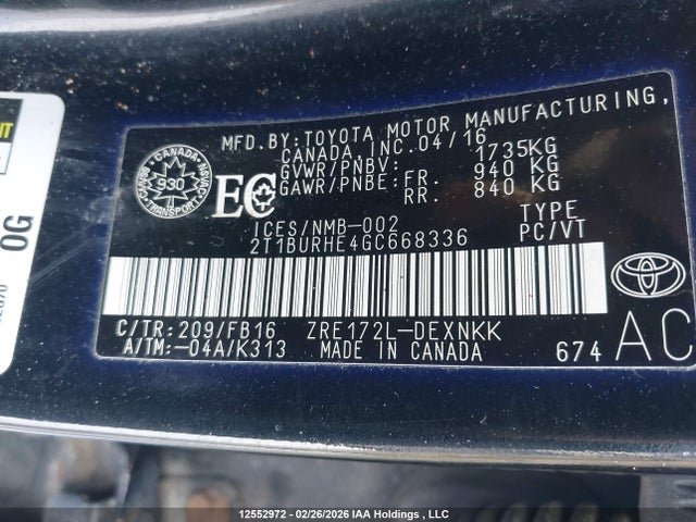 12552972 :رقم المزاد ، 2T1BURHE4GC668336 vin ، 2016 Toyota Corolla مزاد بيع