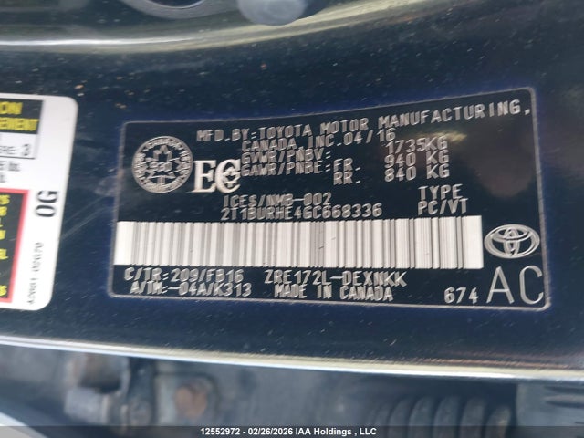 12552972 :رقم المزاد ، 2T1BURHE4GC668336 vin ، 2016 Toyota Corolla مزاد بيع