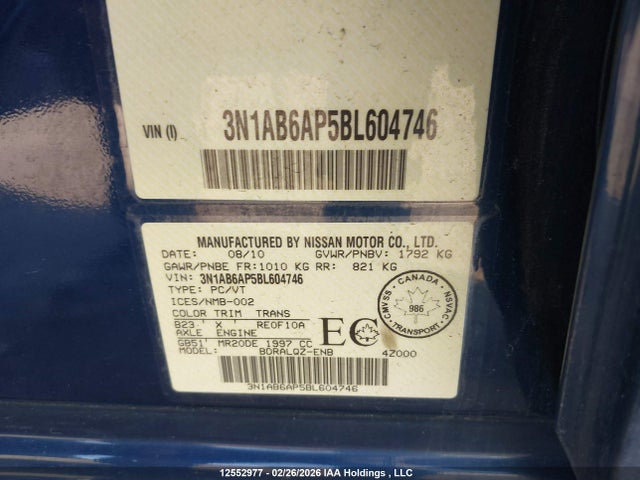 2011 Nissan Sentra 2.0/2.0s/sr/2.0sl მანქანა იყიდება აუქციონზე, vin: 3N1AB6AP5BL604746, აუქციონის ნომერი: 12552977