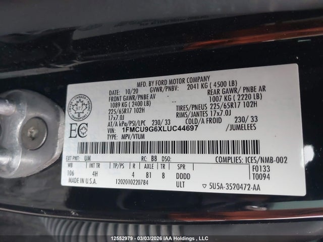 1FMCU9G6XLUC44697 Ford ESCAPE SE