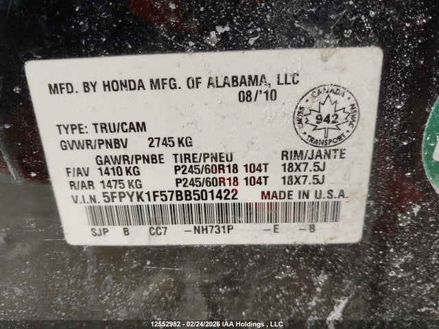 12552982 :رقم المزاد ، 5FPYK1F57BB501422 vin ، 2011 Honda Ridgeline Ex-l/vp مزاد بيع