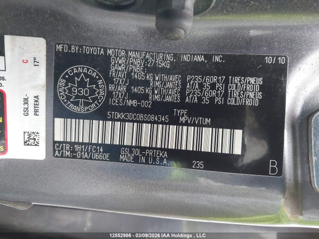 Aukcja sprzedaży 2011 Toyota Sienna Le, vin: 5TDKK3DC0BS084345, numer aukcji: 12552986