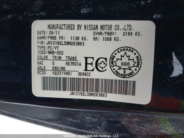 12552990 :رقم المزاد ، JN1CV6EL5BM263863 vin ، 2011 Infiniti G37x مزاد بيع