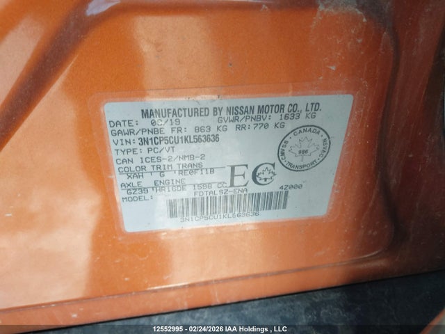 3N1CP5CU1KL563636 Nissan Kicks S/sr/sv