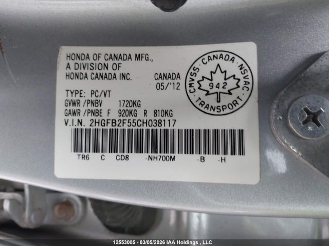 12553005 :رقم المزاد ، 2HGFB2F55CH038117 vin ، 2012 Honda Civic Lx مزاد بيع