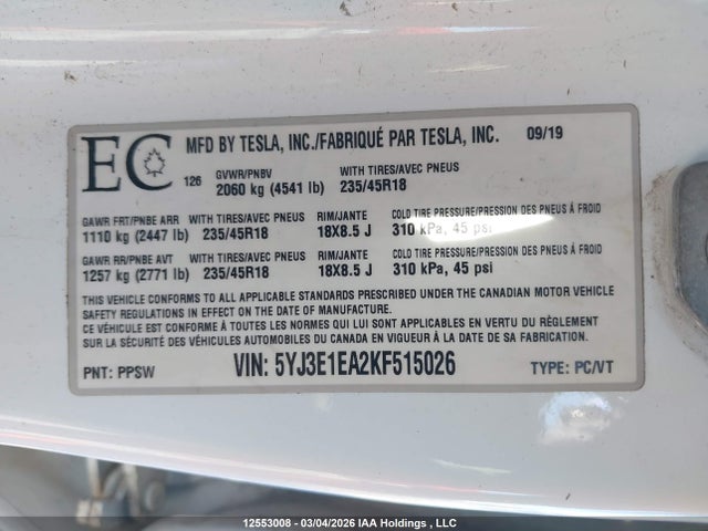 Aukcja sprzedaży 2019 Tesla Model 3 Long Range/mid Range/standard Range/standard Range Plus, vin: 5YJ3E1EA2KF515026, numer aukcji: 12553008