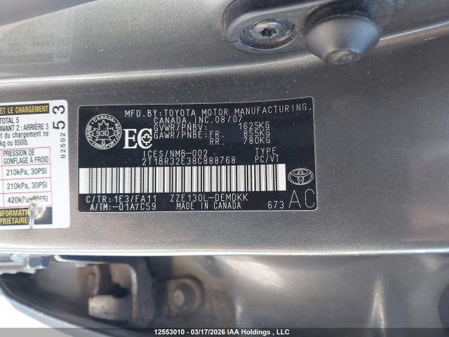 Aukcja sprzedaży 2008 Toyota Corolla Ce/le/s, vin: 2T1BR32E38C888768, numer aukcji: 12553010