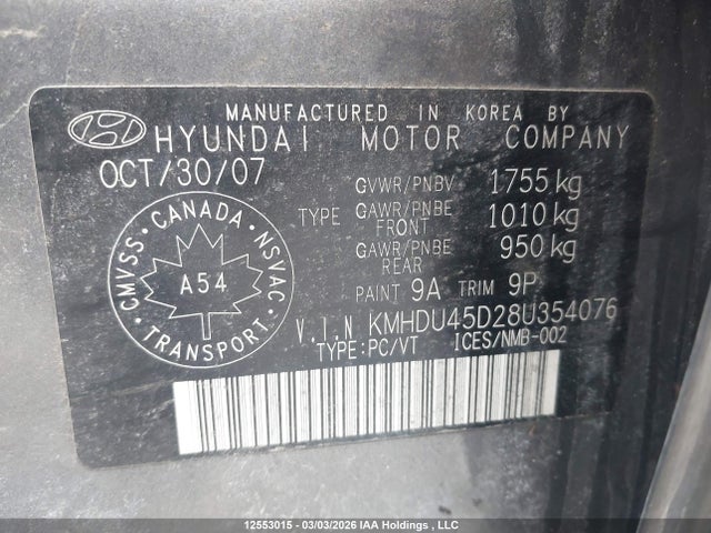 Aukcja sprzedaży 2008 Hyundai Elantra Gl/gls/gls Sport/limited, vin: KMHDU45D28U354076, numer aukcji: 12553015