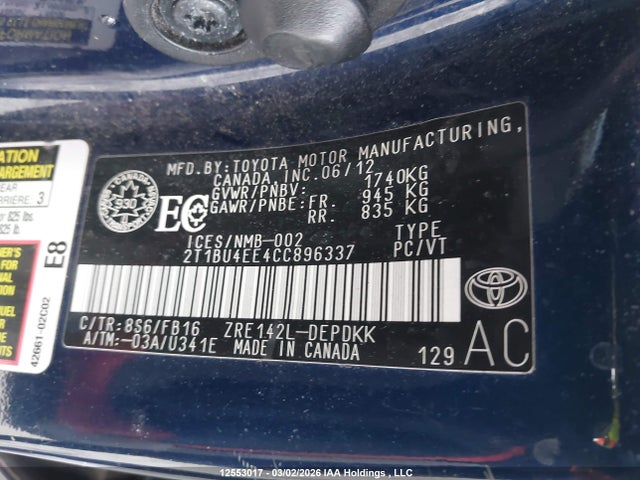 Aukcja sprzedaży 2012 Toyota Corolla S/le, vin: 2T1BU4EE4CC896337, numer aukcji: 12553017