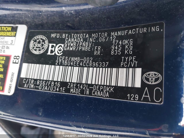 Aukcja sprzedaży 2012 Toyota Corolla S/le, vin: 2T1BU4EE4CC896337, numer aukcji: 12553017