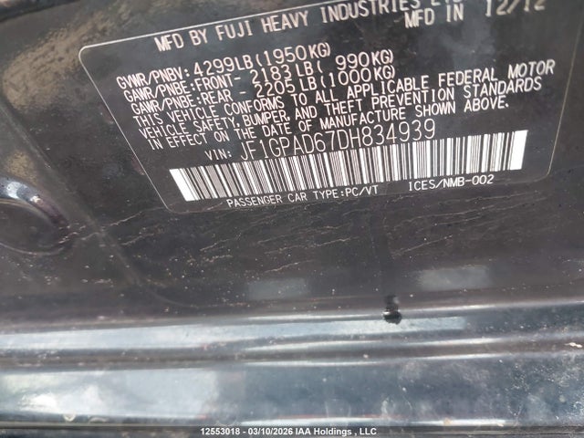 Продаж на аукціоні авто 2013 Subaru Impreza 2.0i Touring Package, vin: JF1GPAD67DH834939, номер лоту: 12553018
