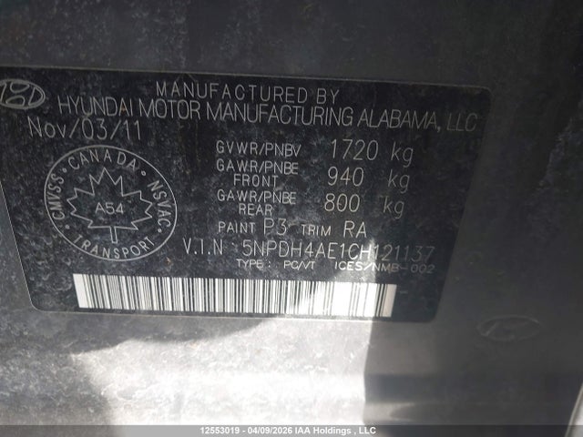 12553019 :رقم المزاد ، 5NPDH4AE1CH121137 vin ، 2012 Hyundai Elantra Gl مزاد بيع