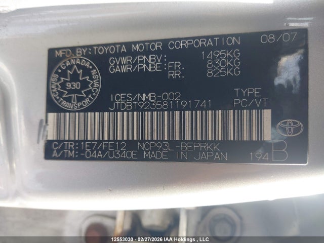 12553030 :رقم المزاد ، JTDBT923581191741 vin ، 2008 Toyota Yaris مزاد بيع