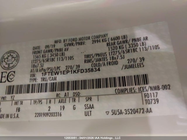 Продаж на аукціоні авто 2019 Ford F150 Supercrew, vin: 1FTEW1EP1KFD35834, номер лоту: 12553051