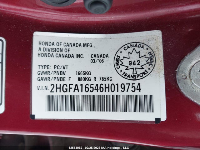 Aukcja sprzedaży 2006 Honda Civic Lx, vin: 2HGFA16546H019754, numer aukcji: 12553062