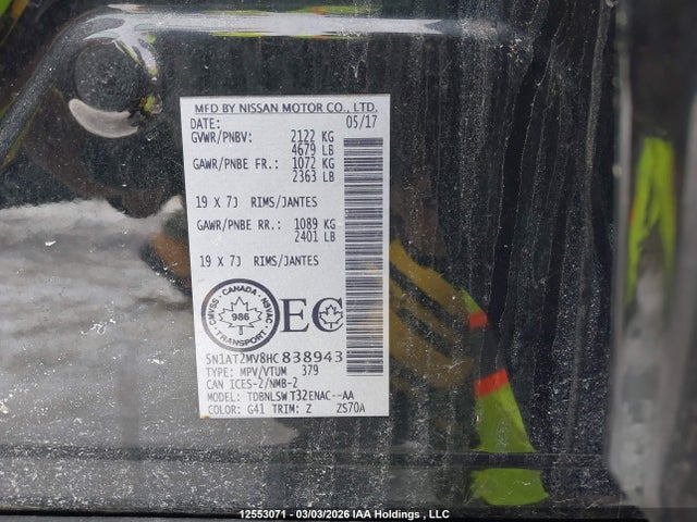 5N1AT2MV8HC838943 Nissan Rogue Sv/sl