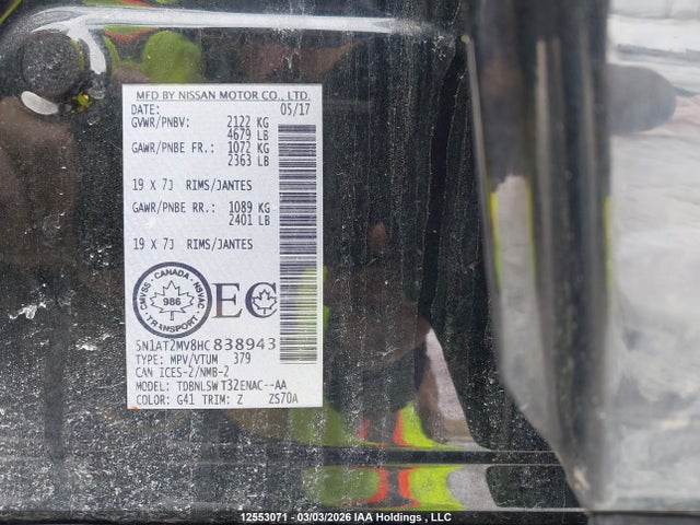 5N1AT2MV8HC838943 Nissan Rogue Sv/sl