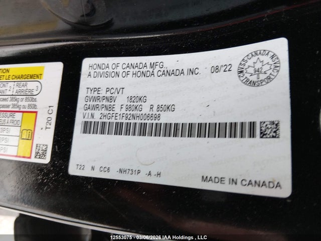 2022 Honda Civic Touring მანქანა იყიდება აუქციონზე, vin: 2HGFE1F92NH006698, აუქციონის ნომერი: 12553075