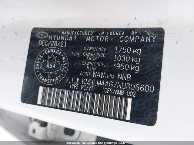 12553086 :رقم المزاد ، KMHLM4AG7NU306600 vin ، 2022 Hyundai Elantra Sel مزاد بيع