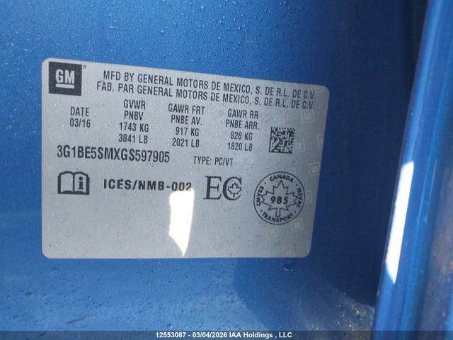 3G1BE5SMXGS597905 Chevrolet Cruze Lt Auto