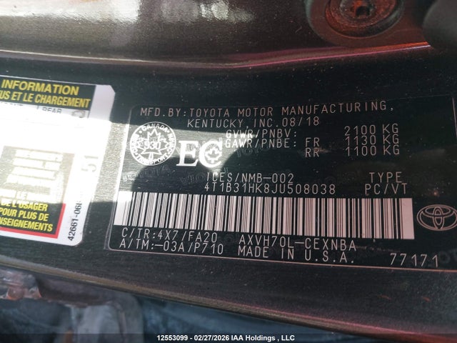 Продаж на аукціоні авто 2018 Toyota Camry Hybrid Le, vin: 4T1B31HK8JU508038, номер лоту: 12553099