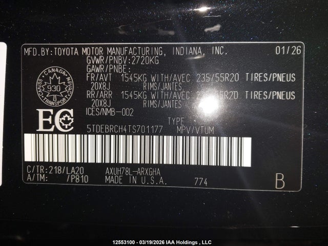 Aukcja sprzedaży 2026 Toyota Highlander Hybrid Limited/hybrid Platinum, vin: 5TDEBRCH4TS701177, numer aukcji: 12553100