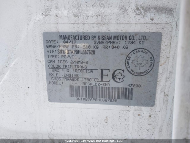 3N1AB7AP9HL687628 Nissan Sentra S/sv/sr/sl