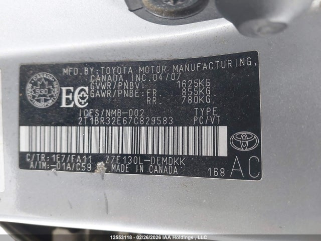 12553118 :رقم المزاد ، 2T1BR32E67C829583 vin ، 2007 Toyota Corolla Ce/le/s مزاد بيع