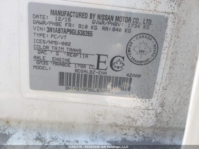 12553119 :رقم المزاد ، 3N1AB7AP9GL638265 vin ، 2016 Nissan Sentra 1.8 S/1.8 Sl/1.8 Sr/1.8 Sv مزاد بيع