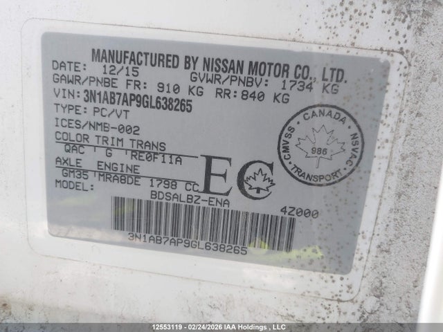 12553119 :رقم المزاد ، 3N1AB7AP9GL638265 vin ، 2016 Nissan Sentra 1.8 S/1.8 Sl/1.8 Sr/1.8 Sv مزاد بيع