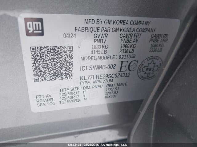 12553124 :رقم المزاد ، KL77LHE29SC024312 vin ، 2025 Chevrolet Trax Lt Fwd مزاد بيع