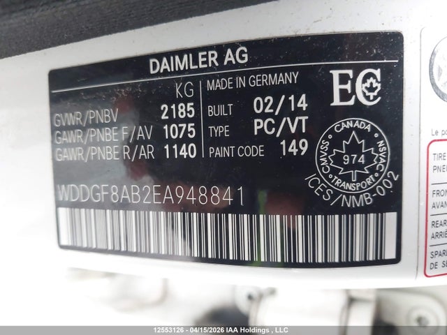 12553126 :رقم المزاد ، WDDGF8AB2EA948841 vin ، 2014 Mercedes-benz C 300 4matic مزاد بيع