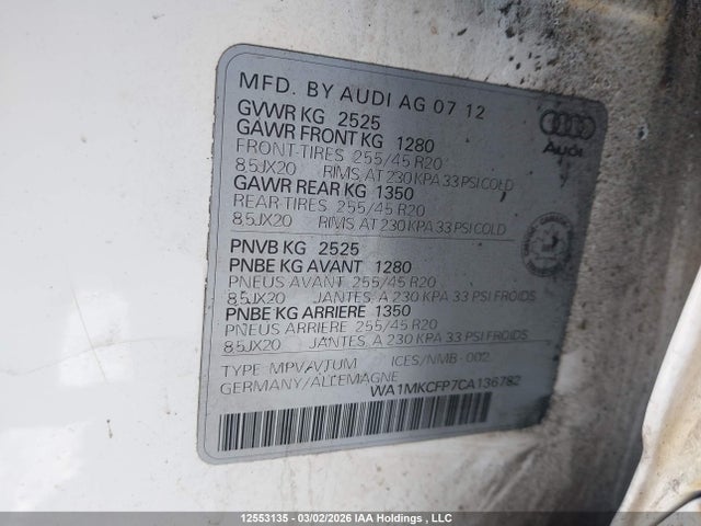 Aukcja sprzedaży 2012 Audi Q5 3.2 Premium, vin: WA1MKCFP7CA136782, numer aukcji: 12553135