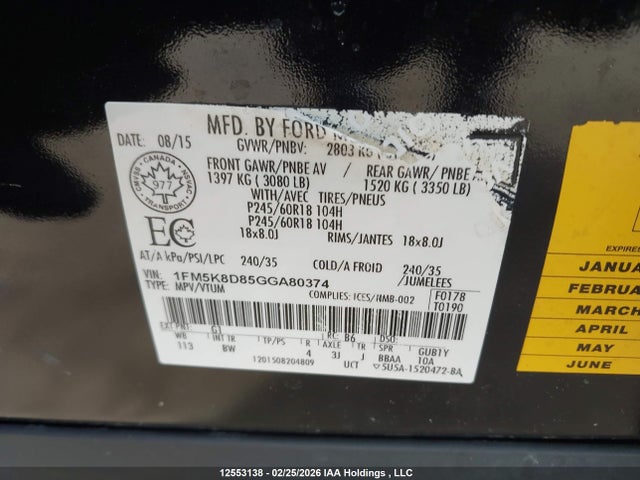1FM5K8D85GGA80374 Ford EXPLORER XLT