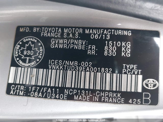 Aukcja sprzedaży 2014 Toyota Yaris, vin: VNKKTUD39EA001832, numer aukcji: 12553151