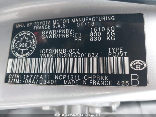 Aukcja sprzedaży 2014 Toyota Yaris, vin: VNKKTUD39EA001832, numer aukcji: 12553151